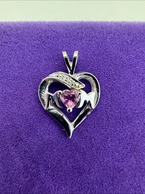 💛 Classic 10k White Gold Mom Pink Topaz Heart Pendant | Diamond Accents